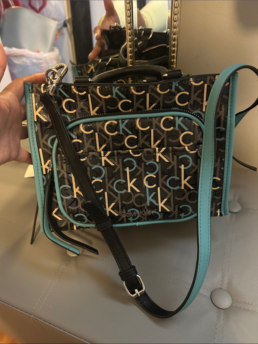 Calvin Klein Black Crossbody with Teal Trim & CK Monogram